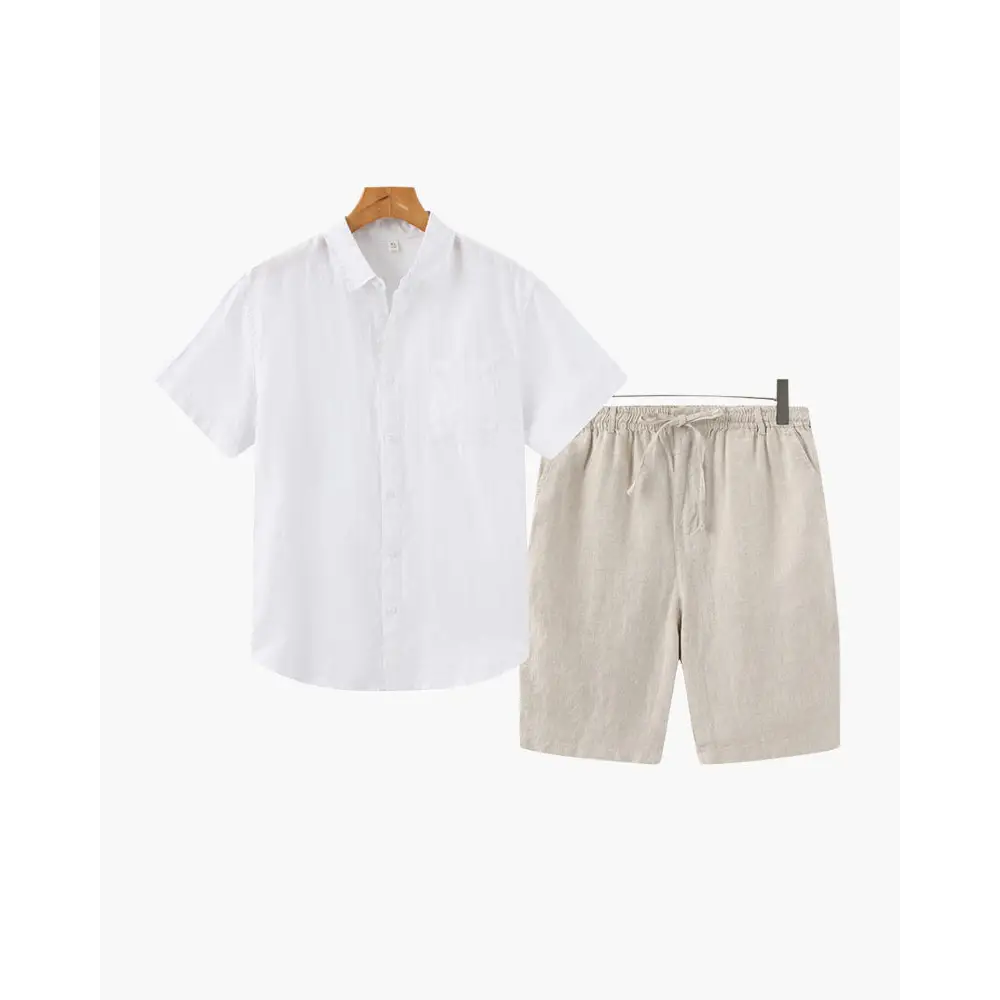 Linen Blend Summer Set (Shirt & Shorts) - White / Beige / S