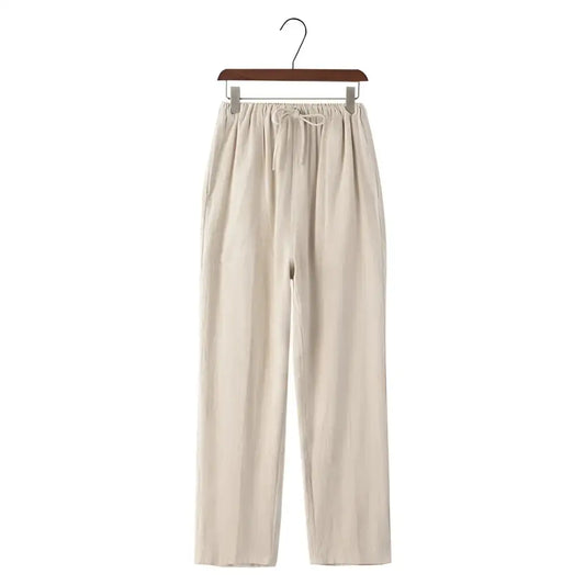 Linen Drawstring Trousers - Beige / S