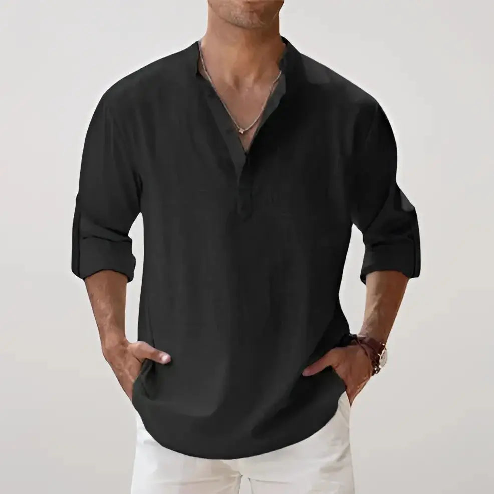 Linen V-Neck Relaxed Shirt - Black / S