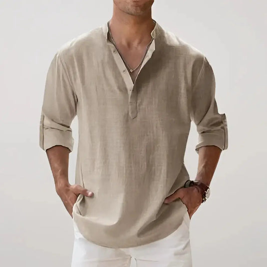 Linen V-Neck Relaxed Shirt - Khaki / S