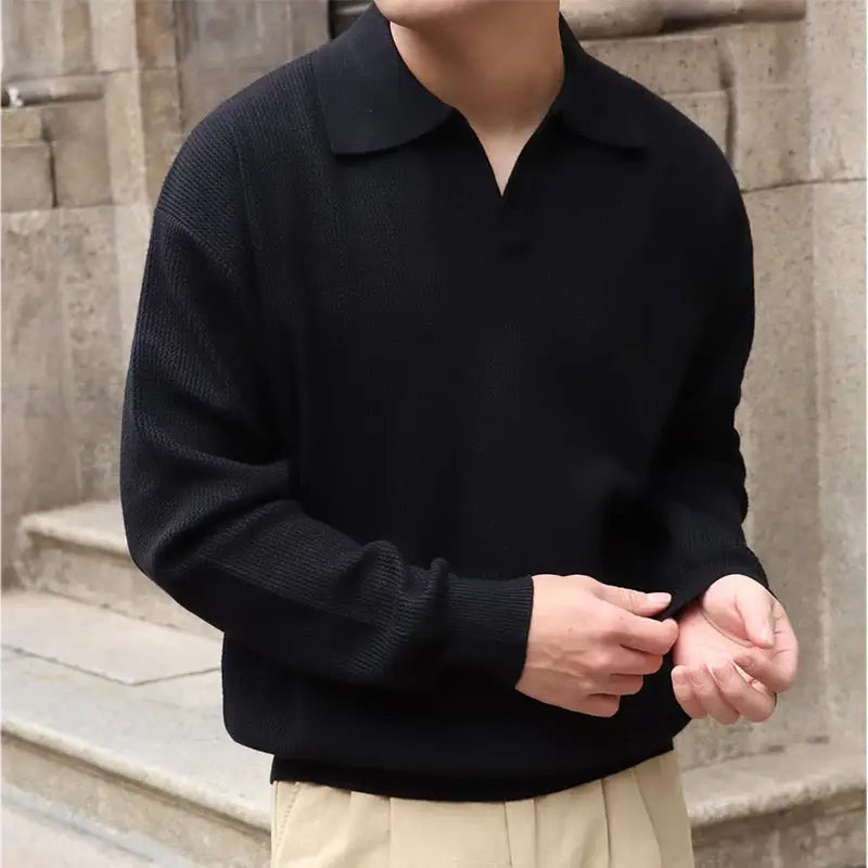 Long Sleeve Knit Polo - Black / L