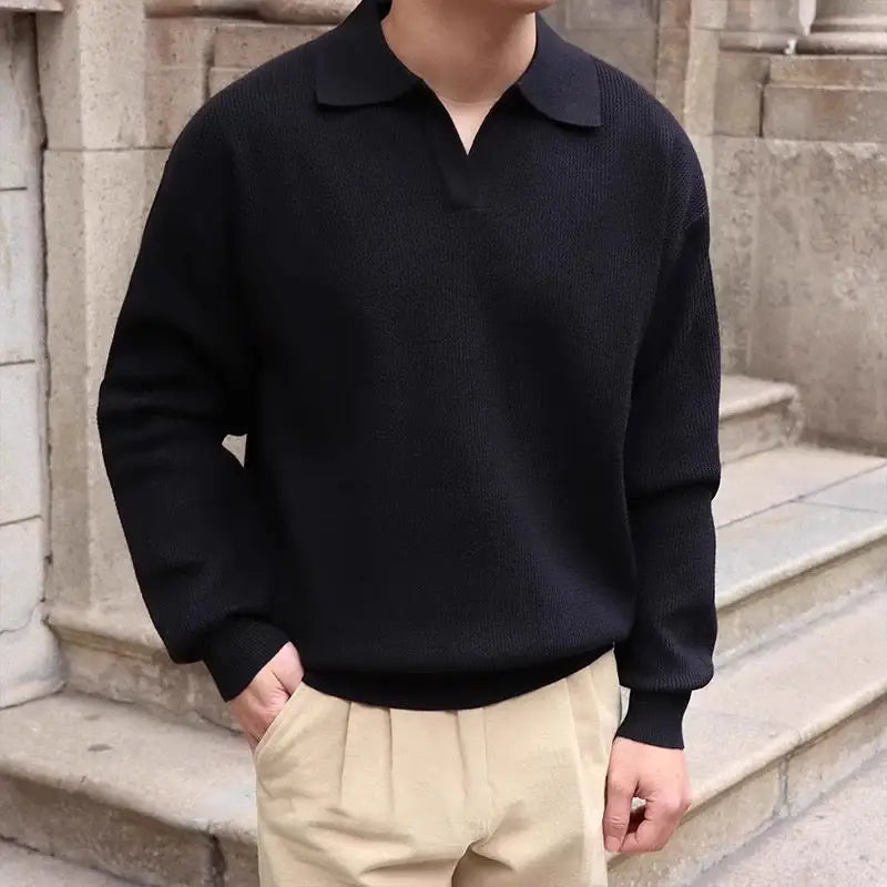 Long Sleeve Knit Polo - Black / S