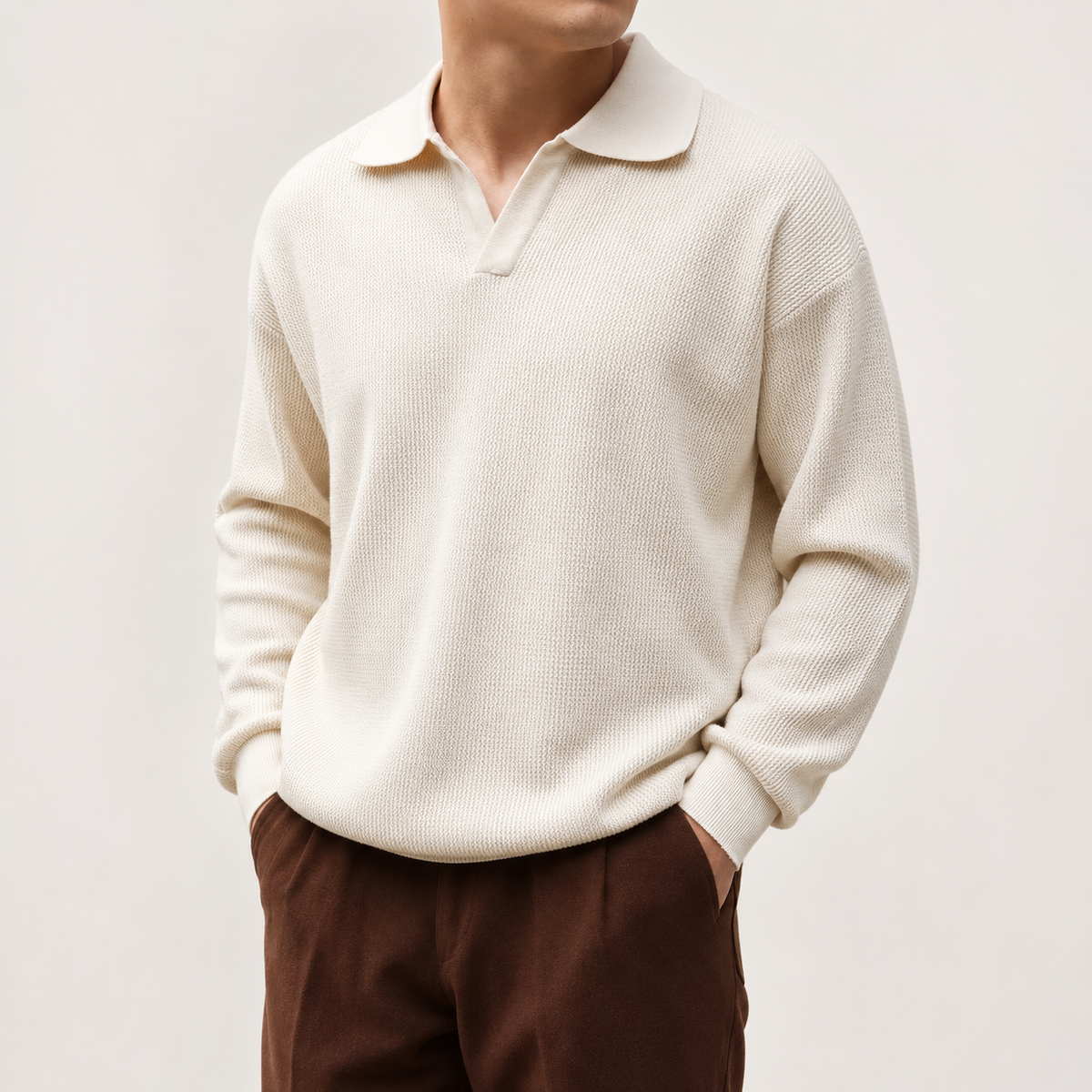Long Sleeve Knit Polo - Cream S