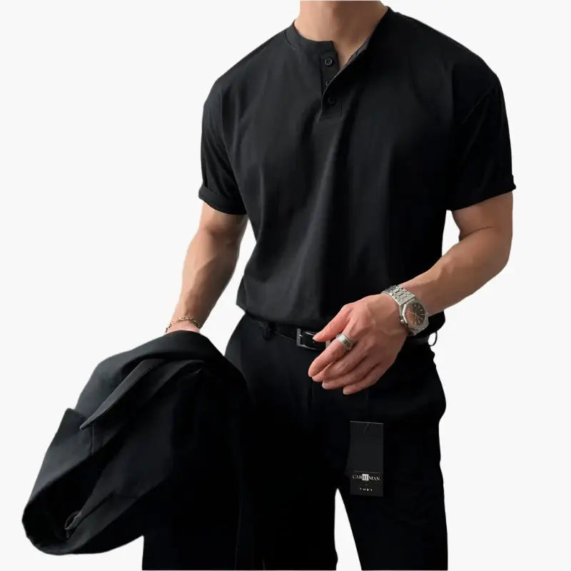Modern Buttoned Collar Knit Polo - Black / S