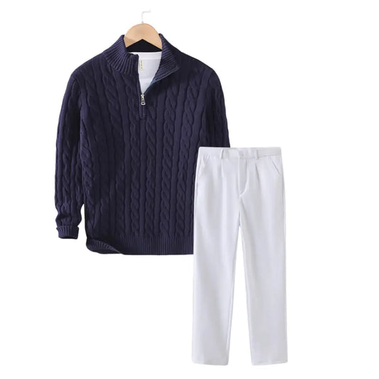 Navy Cable Knit & Trousers Outfit Set