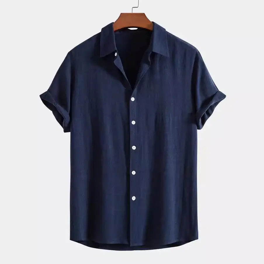 Navy Linen Shirt & Cream Trousers Outfit Set