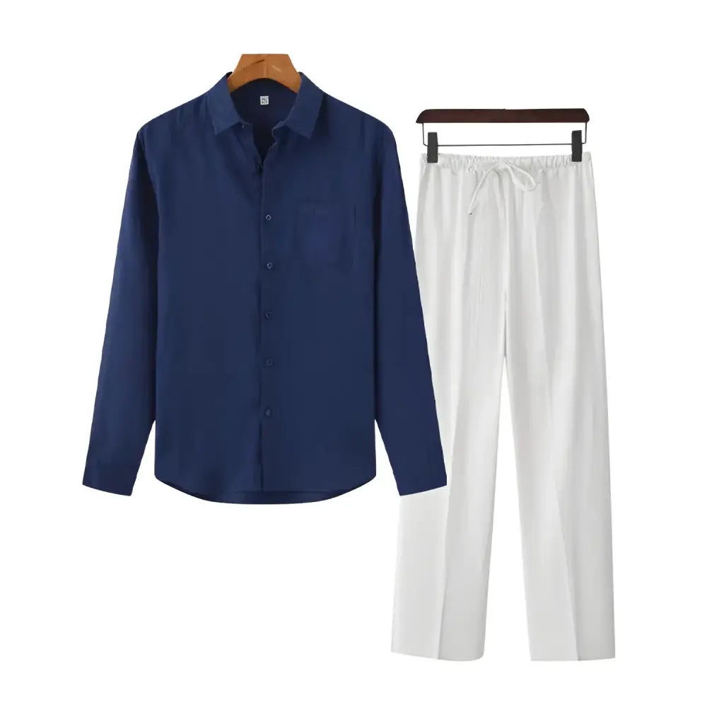 Navy Linen Shirt & White Trousers Outfit Set