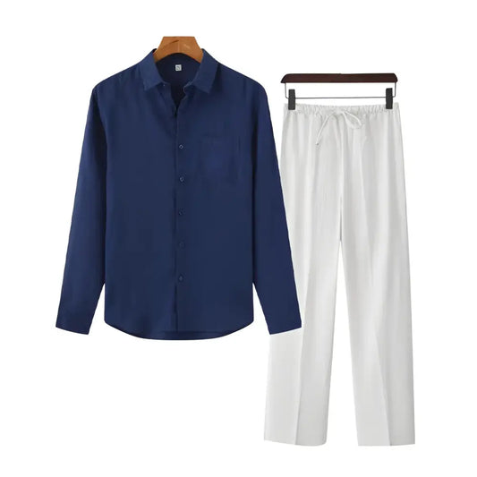 Navy Linen Shirt & White Trousers Outfit Set