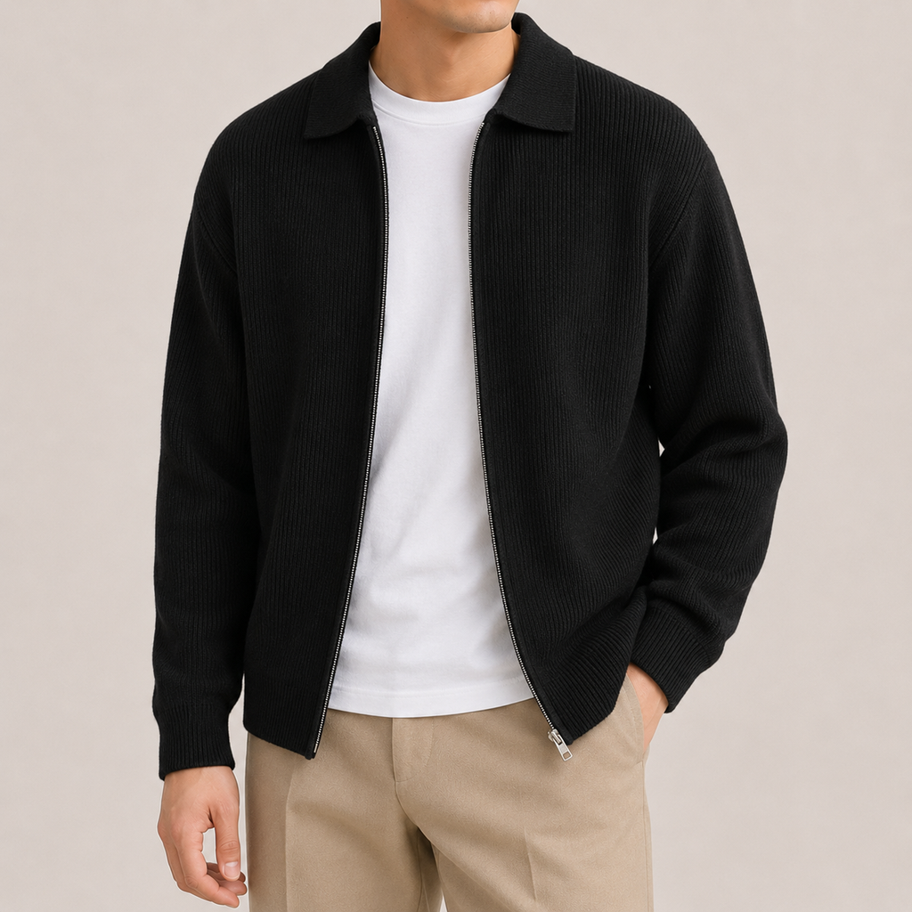 Premium Wool Knit Polo Sweater - Black XS