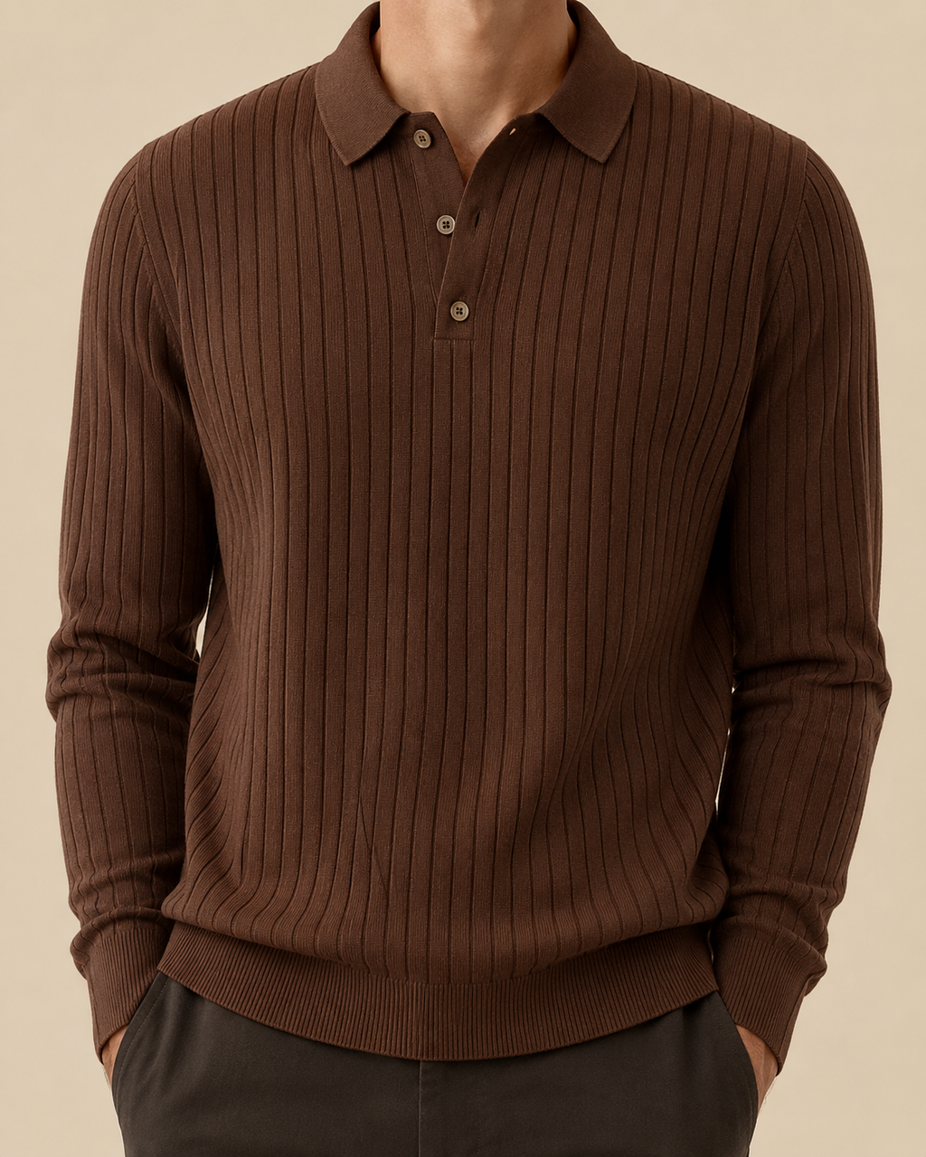 Prestige Ribbed Knit Polo - Brown S