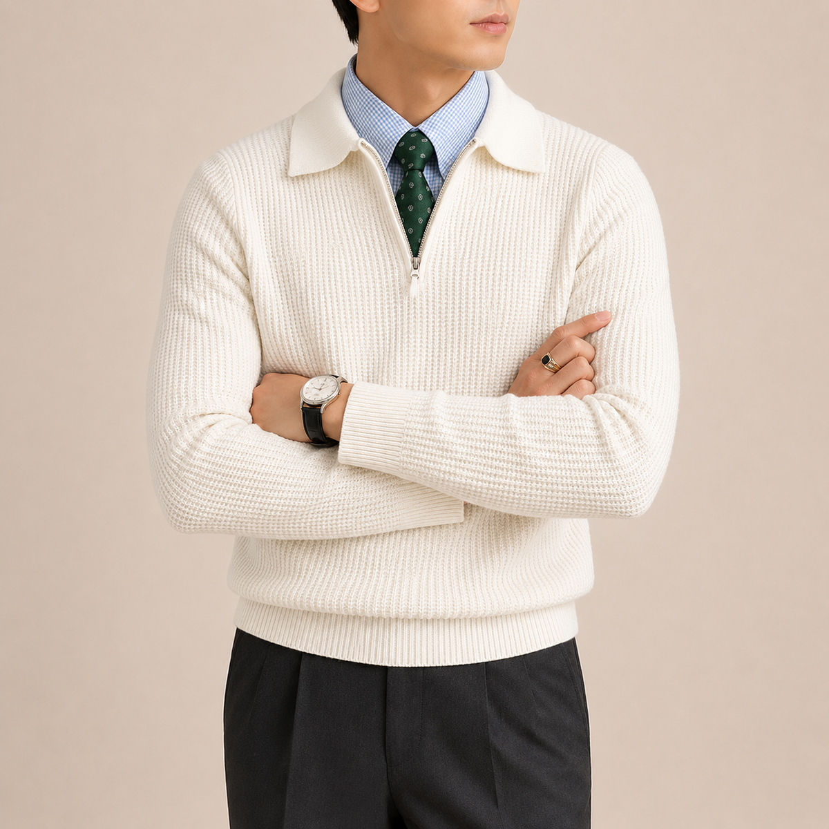 Refined Half-Zip Knit Sweater - White S