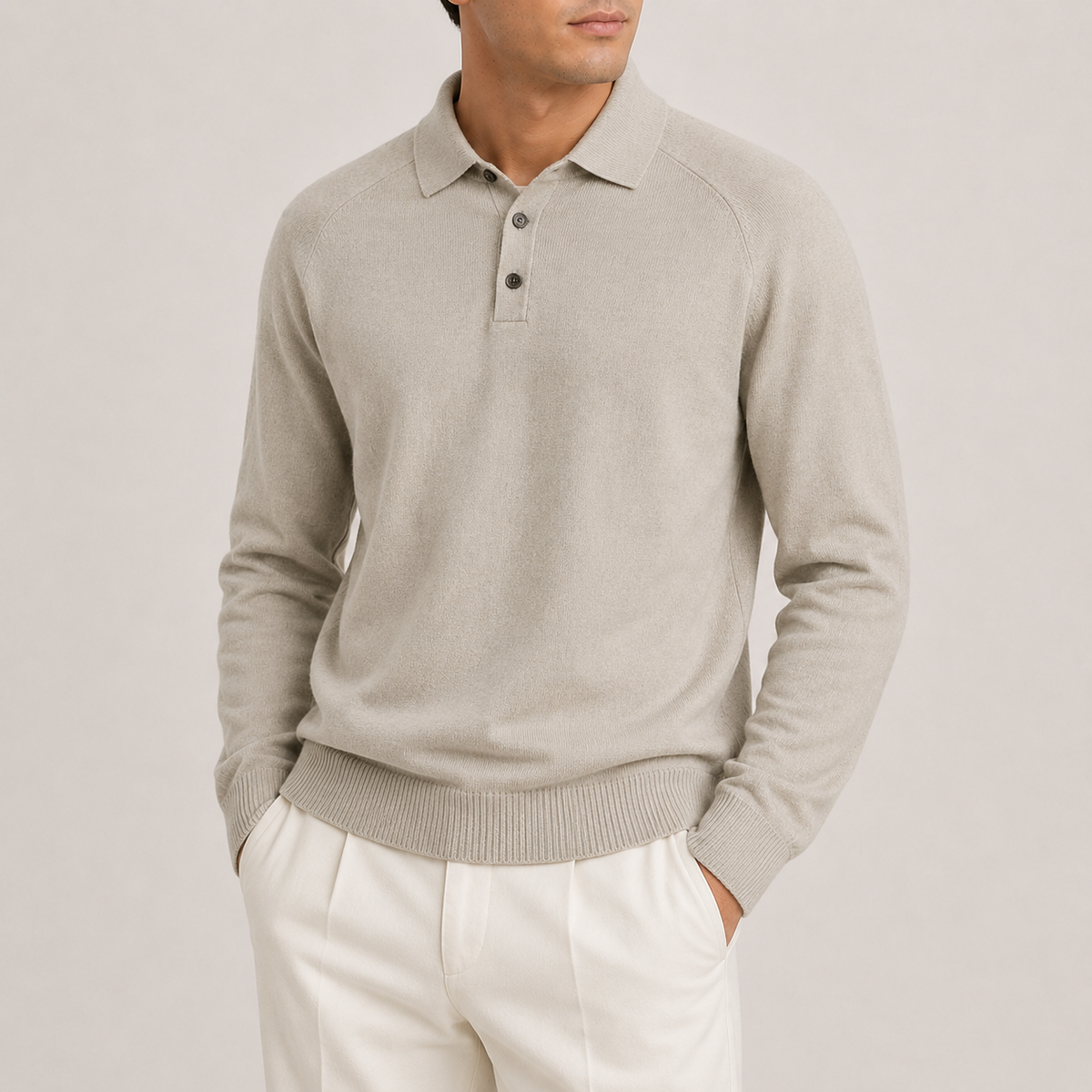 Refined Knit Polo Long Sleeve - Beige XS