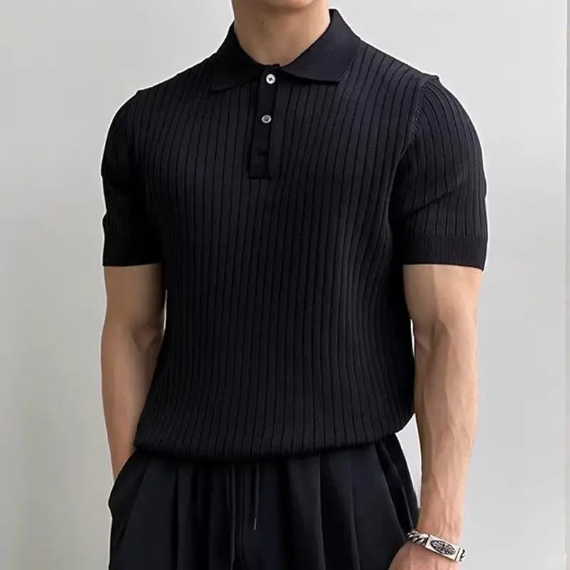 Refined Ribbed Knit Polo - Black / S