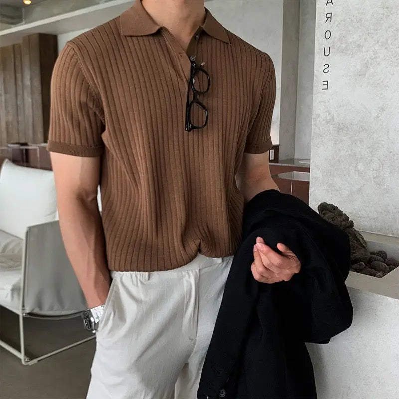 Refined Ribbed Knit Polo - Light Brown / S