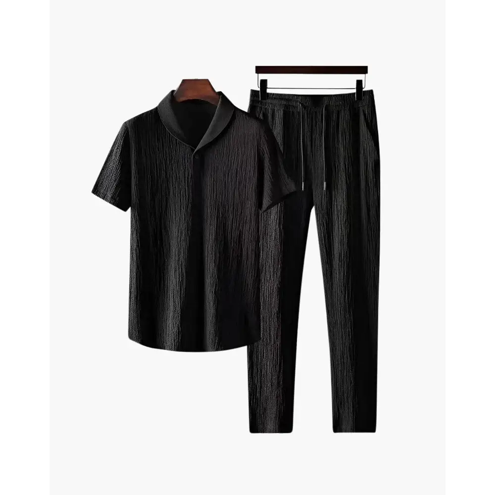 Relaxed Fit Cotton Polo & Pantalon Set - Black / S