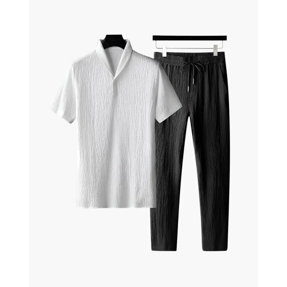 Relaxed Fit Cotton Polo & Pantalon Set - Black & White / S