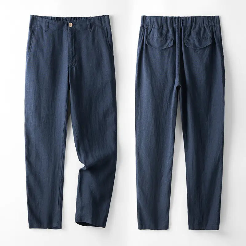 Relaxed Linen Drawstring Trousers - Navy Blue / XS