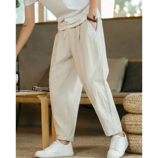 Relaxed Tapered Cotton Pants - Beige / S