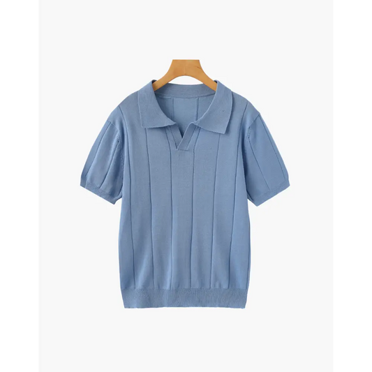Retro Knit Polo Shirt - Blue / S