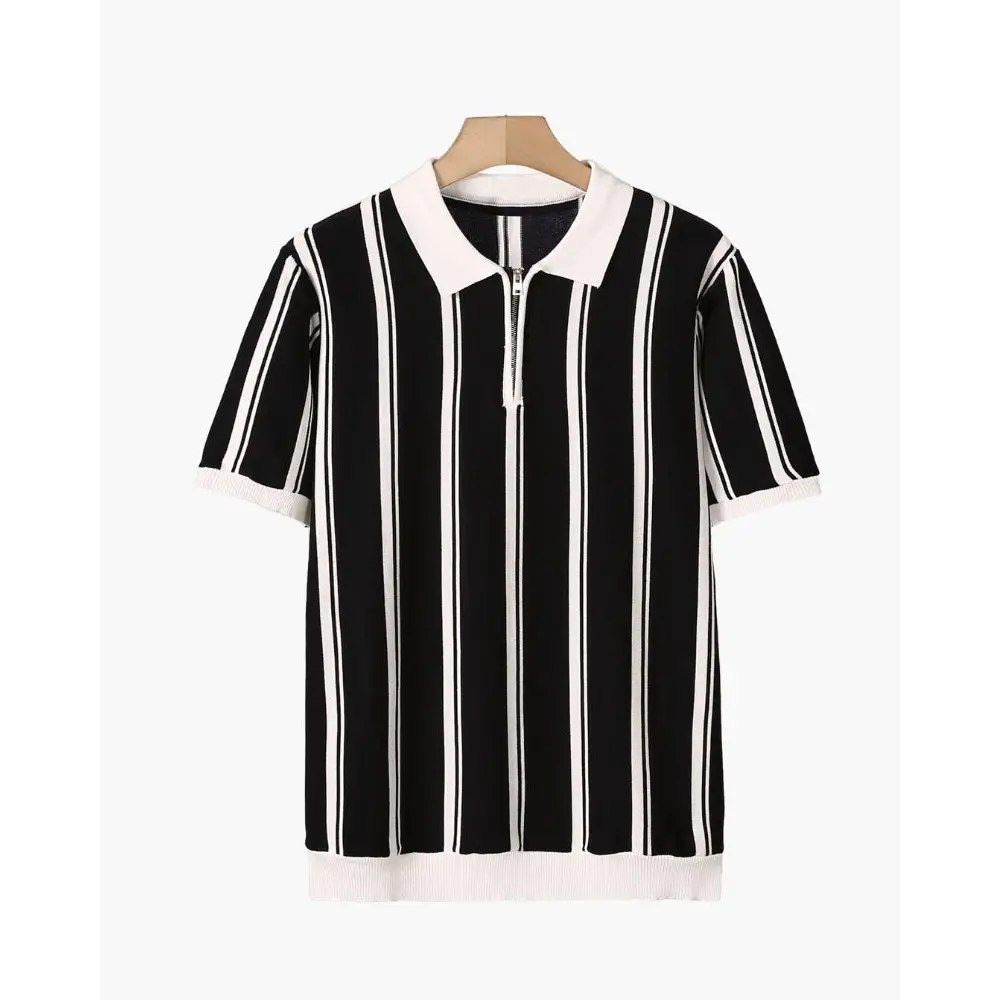 Retro Striped Half-Zip Polo Shirt - Black / XS