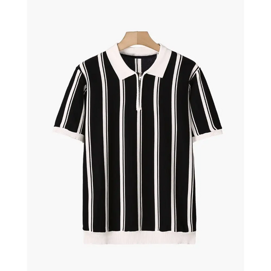 Retro Striped Half-Zip Polo Shirt - Black / XS