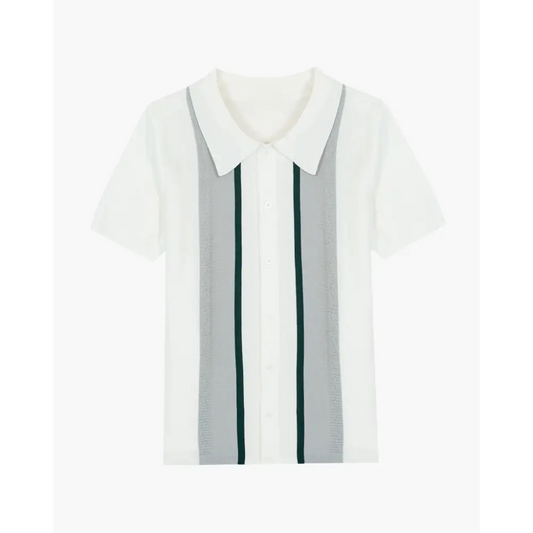 Retro Striped Knit Polo Shirt - XS