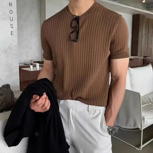 Ribbed Knit Crew Tee - Brown / S