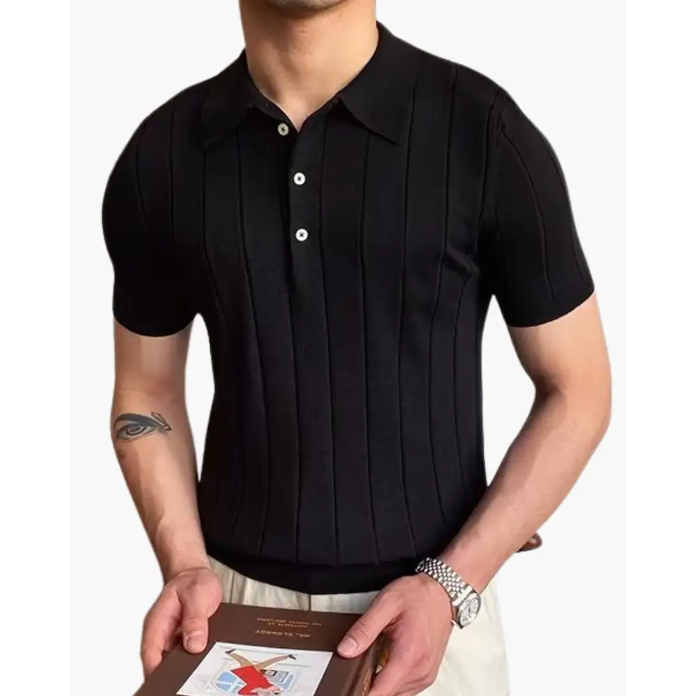 Ribbed Knit Polo Shirt - Black / S