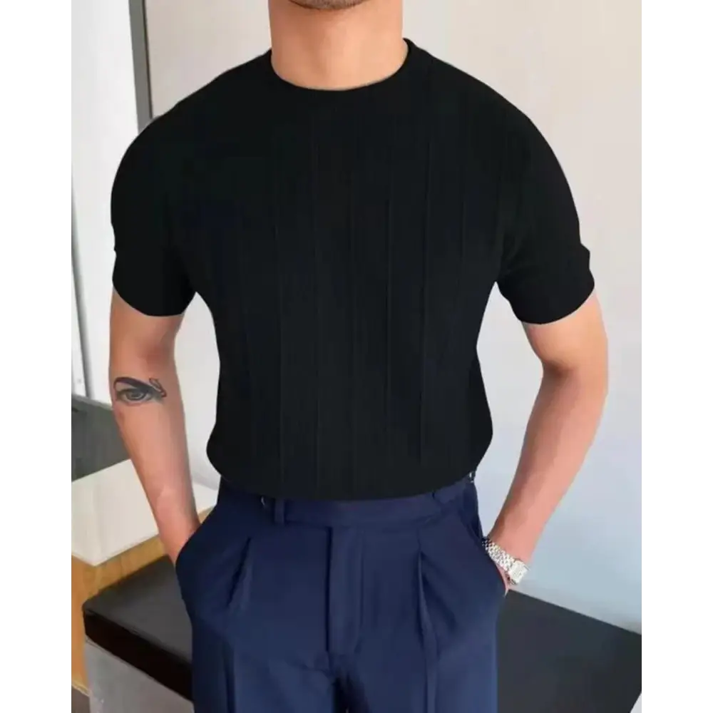 Ribbed Slim Fit Knit T-Shirt - Black / M