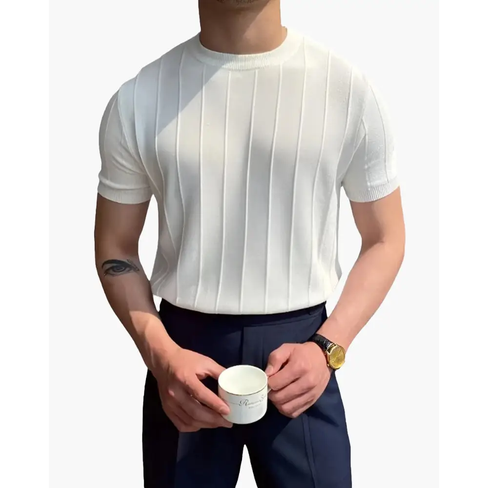 Ribbed Slim Fit Knit T-Shirt - White / M