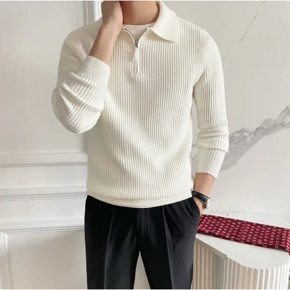 Ribbed Zip Polo Sweater