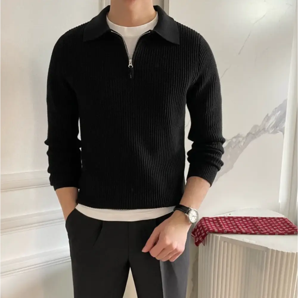 Ribbed Zip Polo Sweater - Black / S
