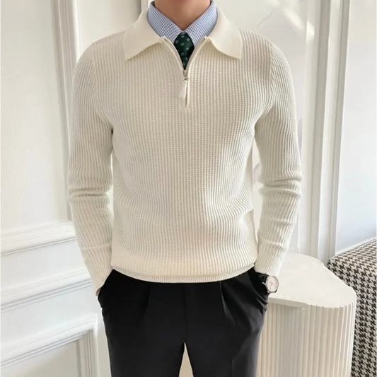 Ribbed Zip Polo Sweater - White / S