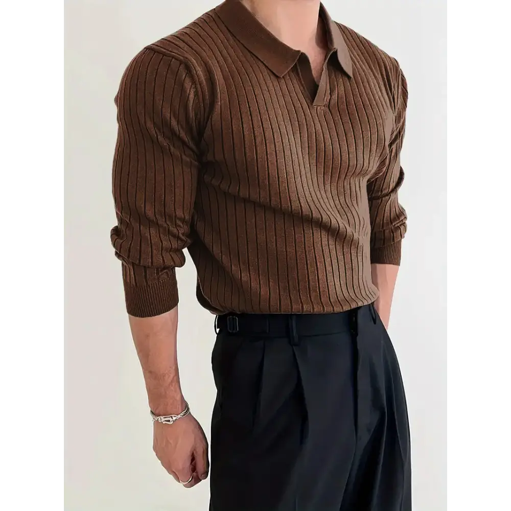 Riviera Ribbed Knit Polo - Brown / M