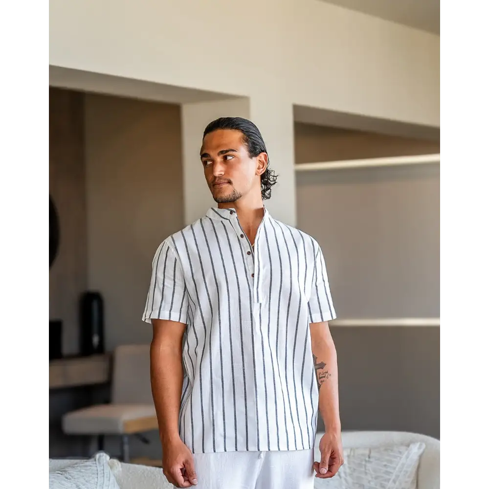Santorini Striped V-Neck Linen Shirt