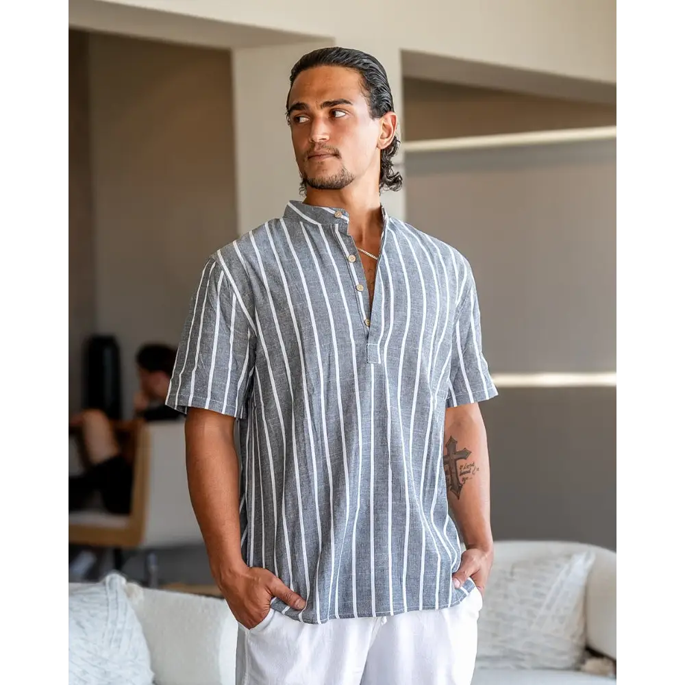 Santorini Striped V-Neck Linen Shirt