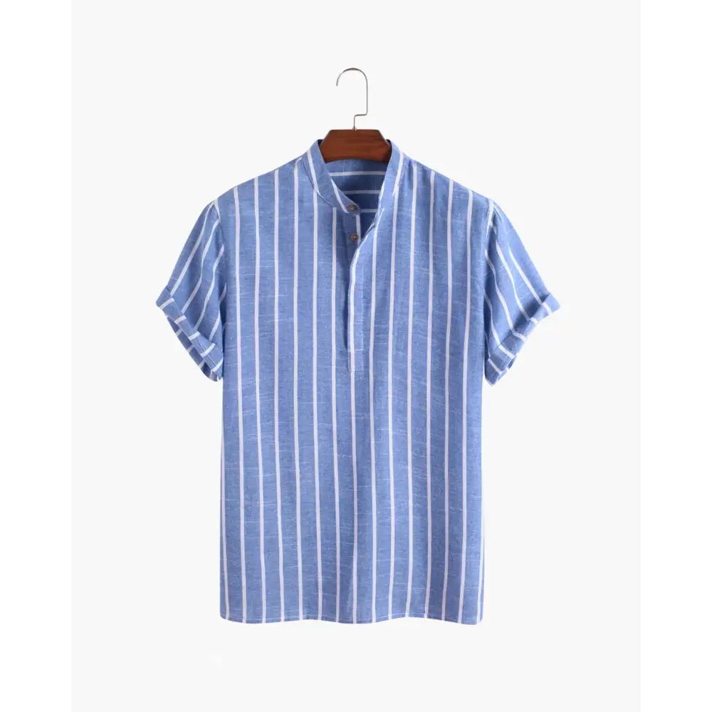 Santorini Striped V-Neck Linen Shirt - Blue / S