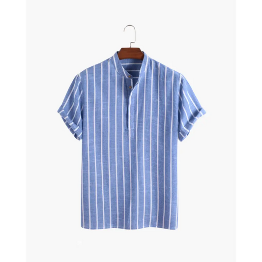 Santorini Striped V-Neck Linen Shirt - Blue / S