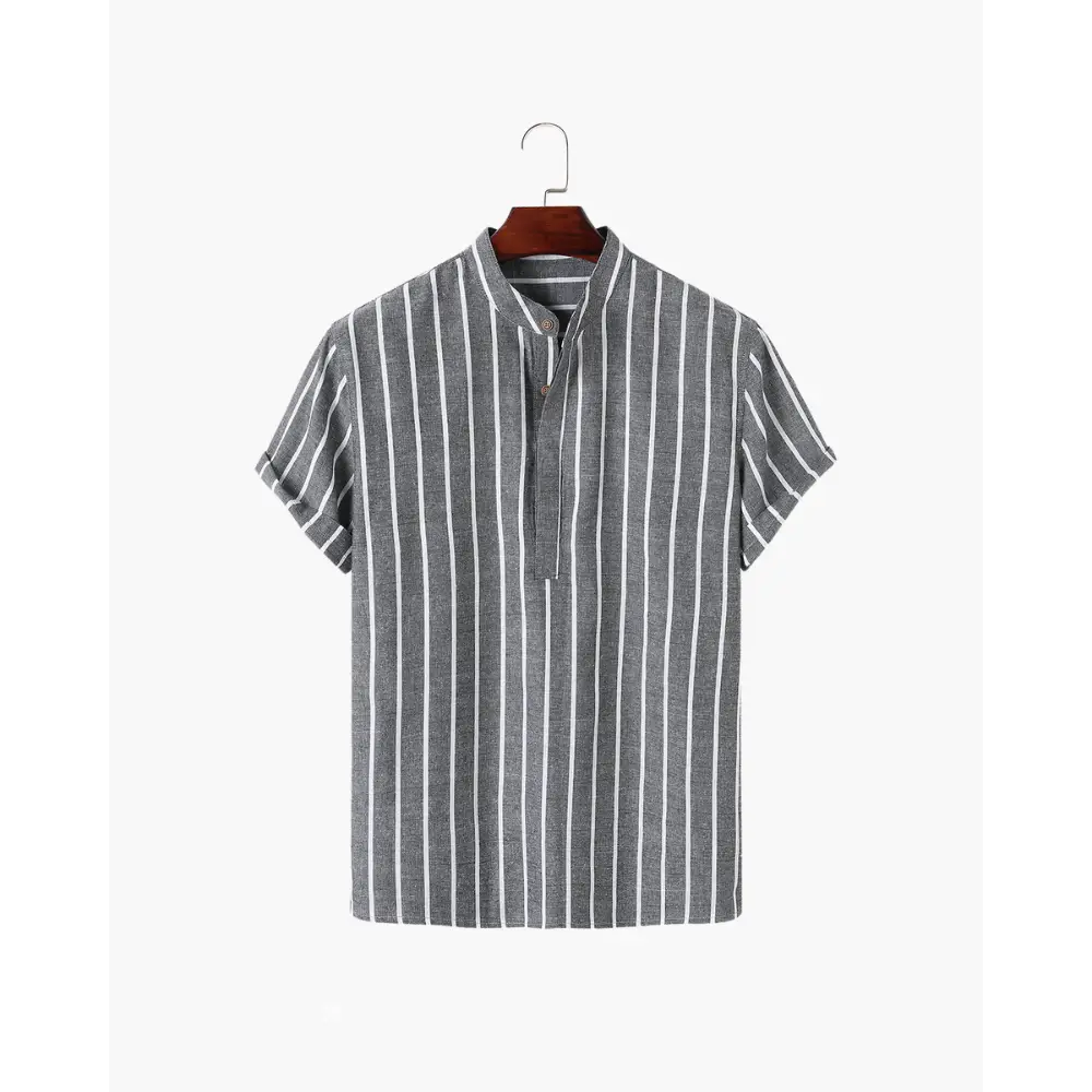 Santorini Striped V-Neck Linen Shirt - Gray / S