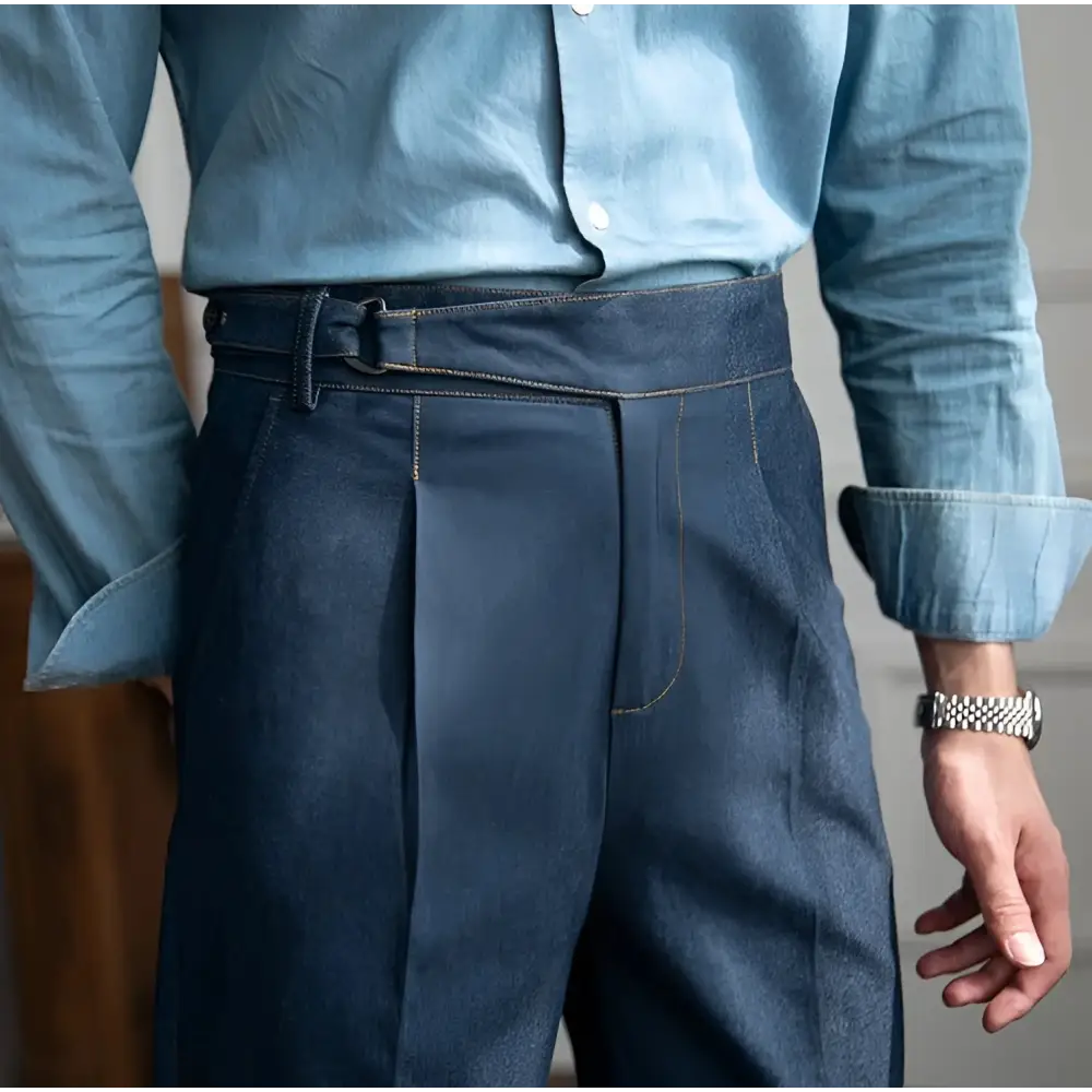 Savile Denim Pleated Trousers - Denim Blue / 28