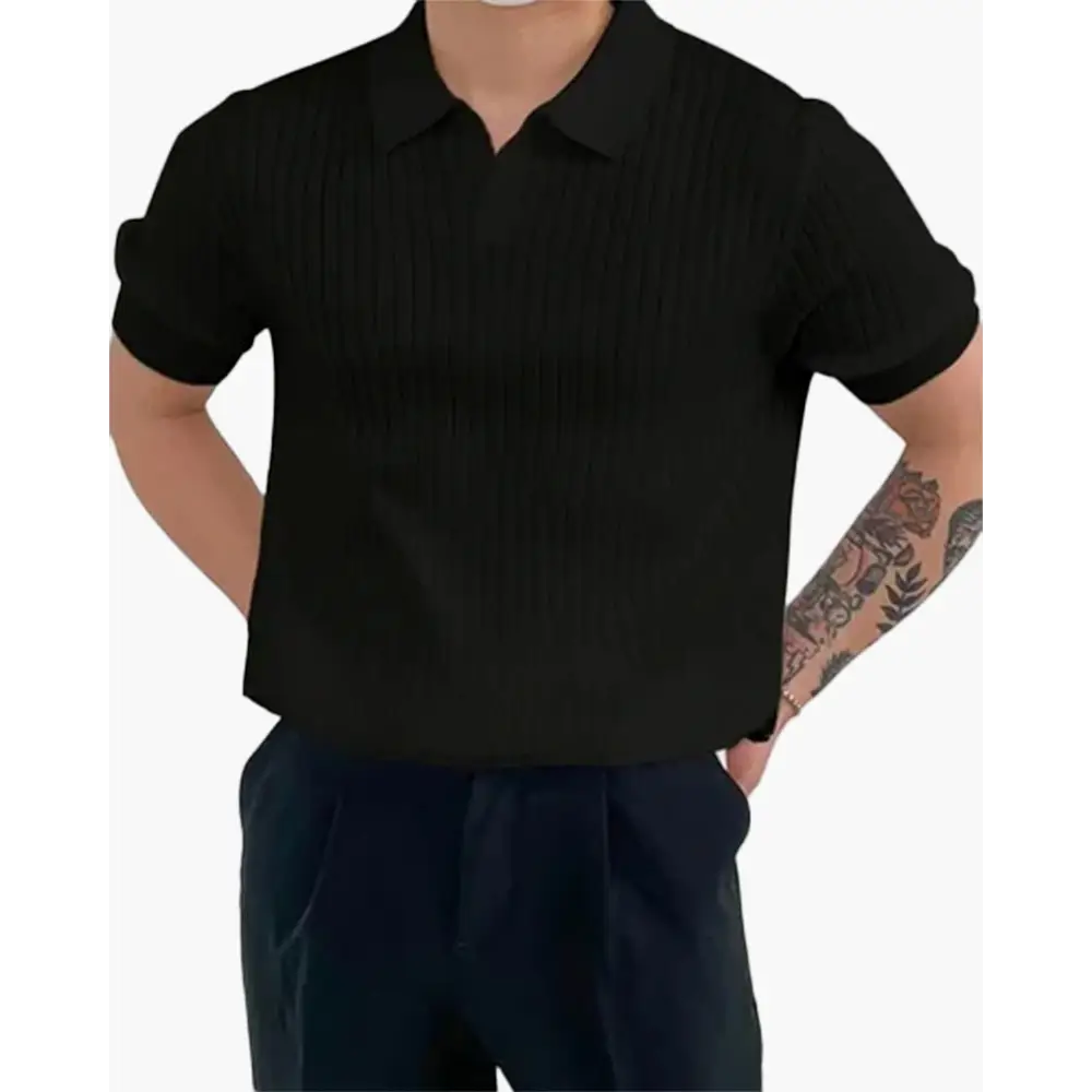 Slim Fit Ribbed Cotton Polo - Black / S