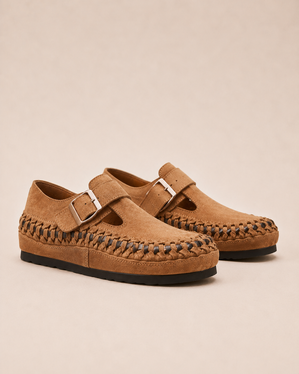 Suede Buckle Clog Shoes - Brown 35