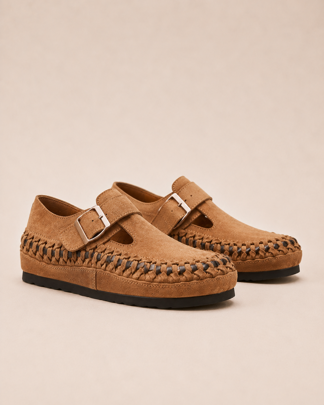 Suede Buckle Clog Shoes - Brown 35