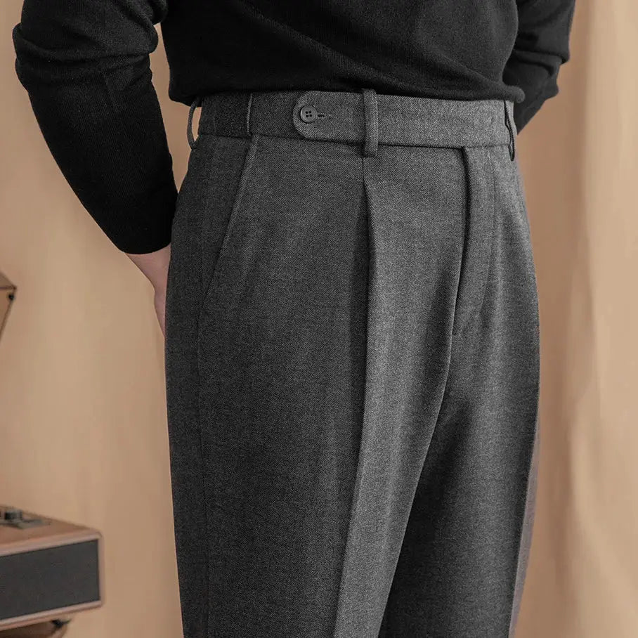 Tailored Wool Pleated Trousers - Stone Gray / 28
