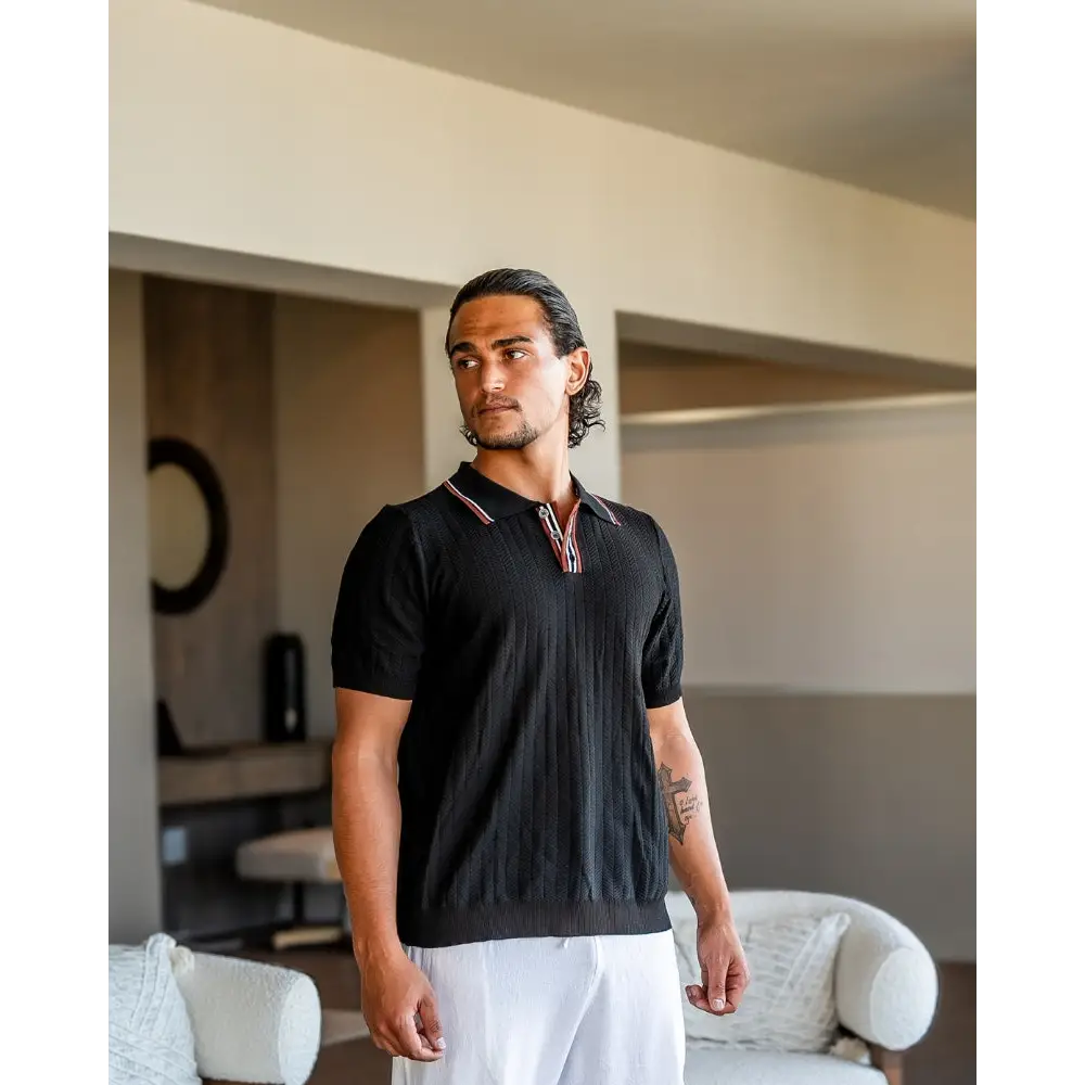 Textured Knit Polo Shirt - Black / S