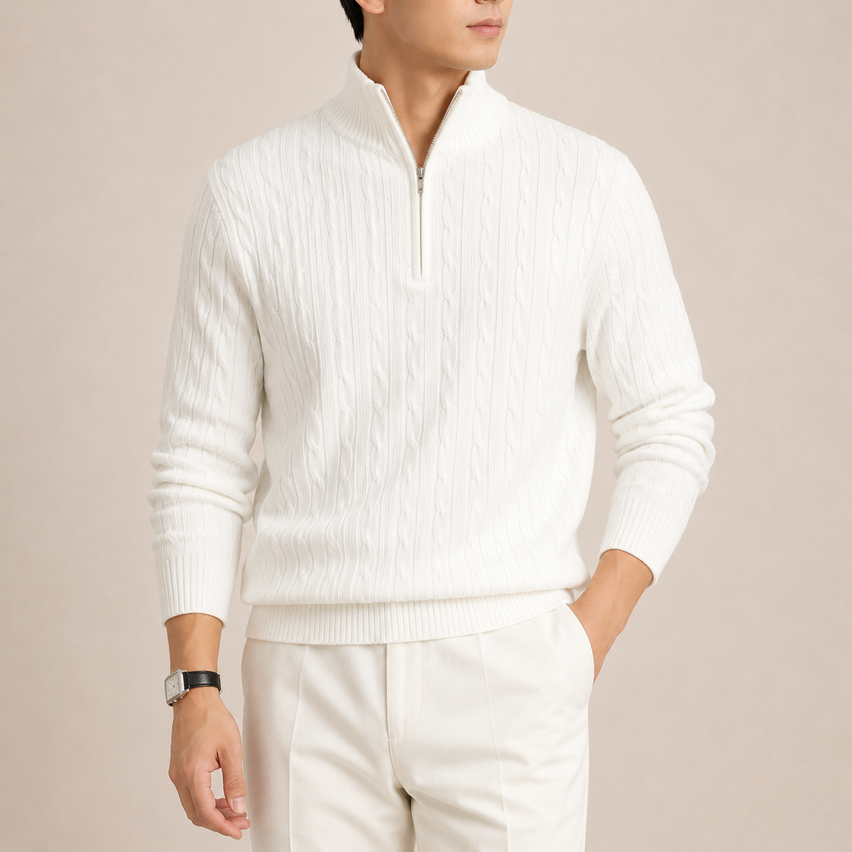 Textured Quarter-Zip Sweater - White S