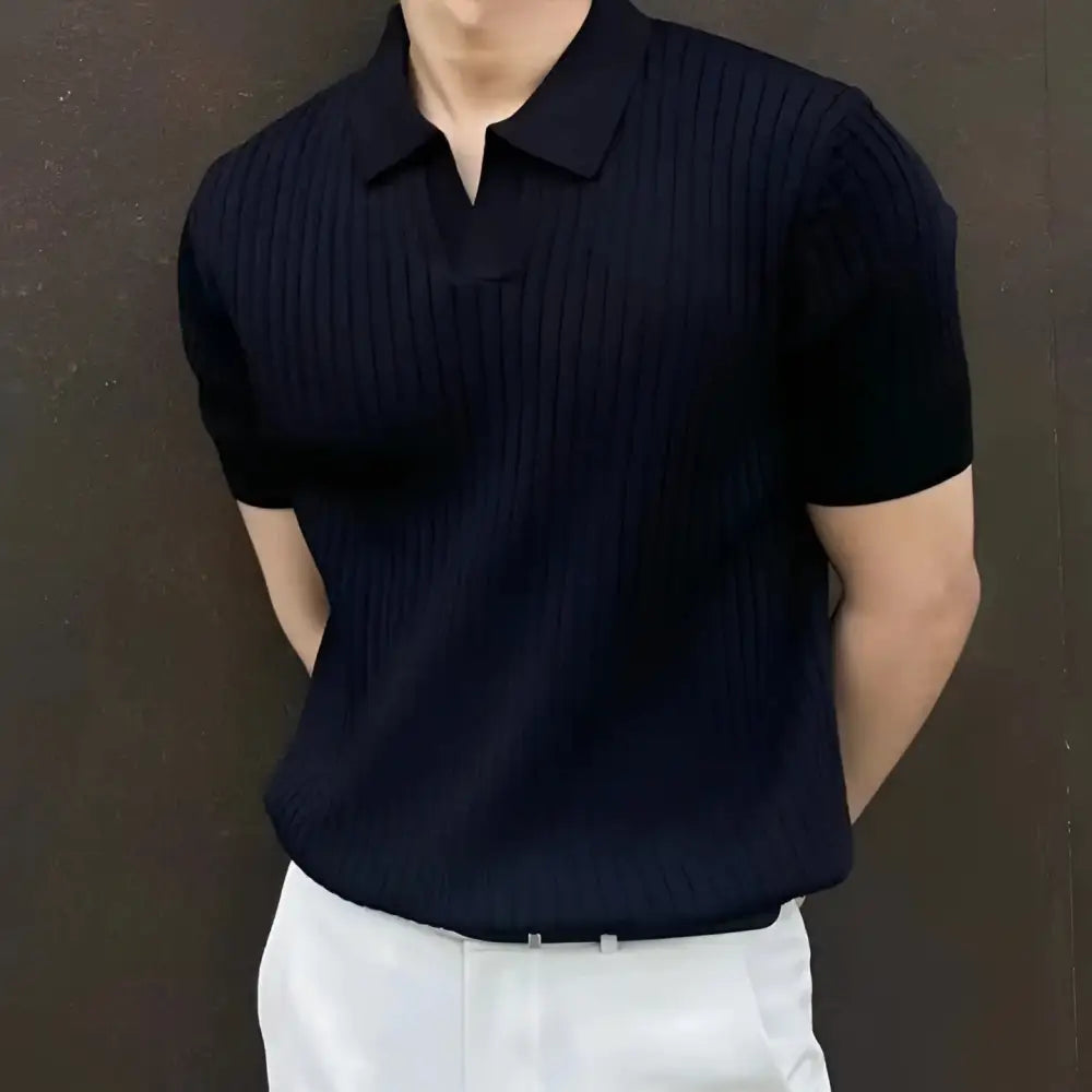 V-Neck Ribbed Knit Polo