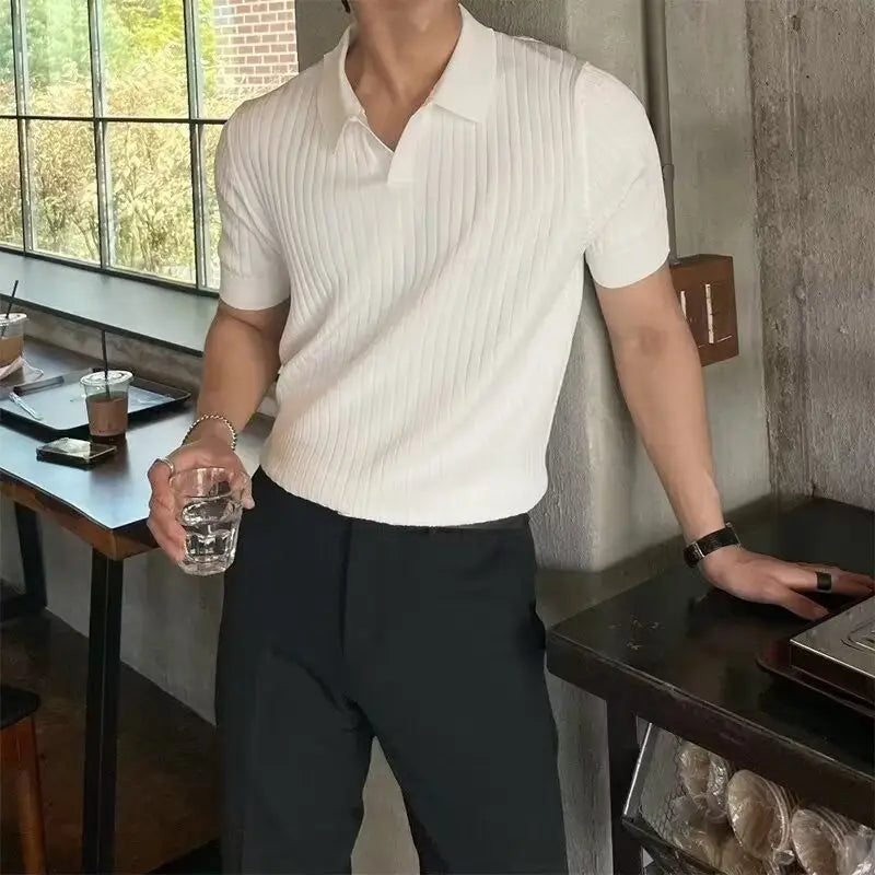 V-Neck Ribbed Knit Polo - White / S