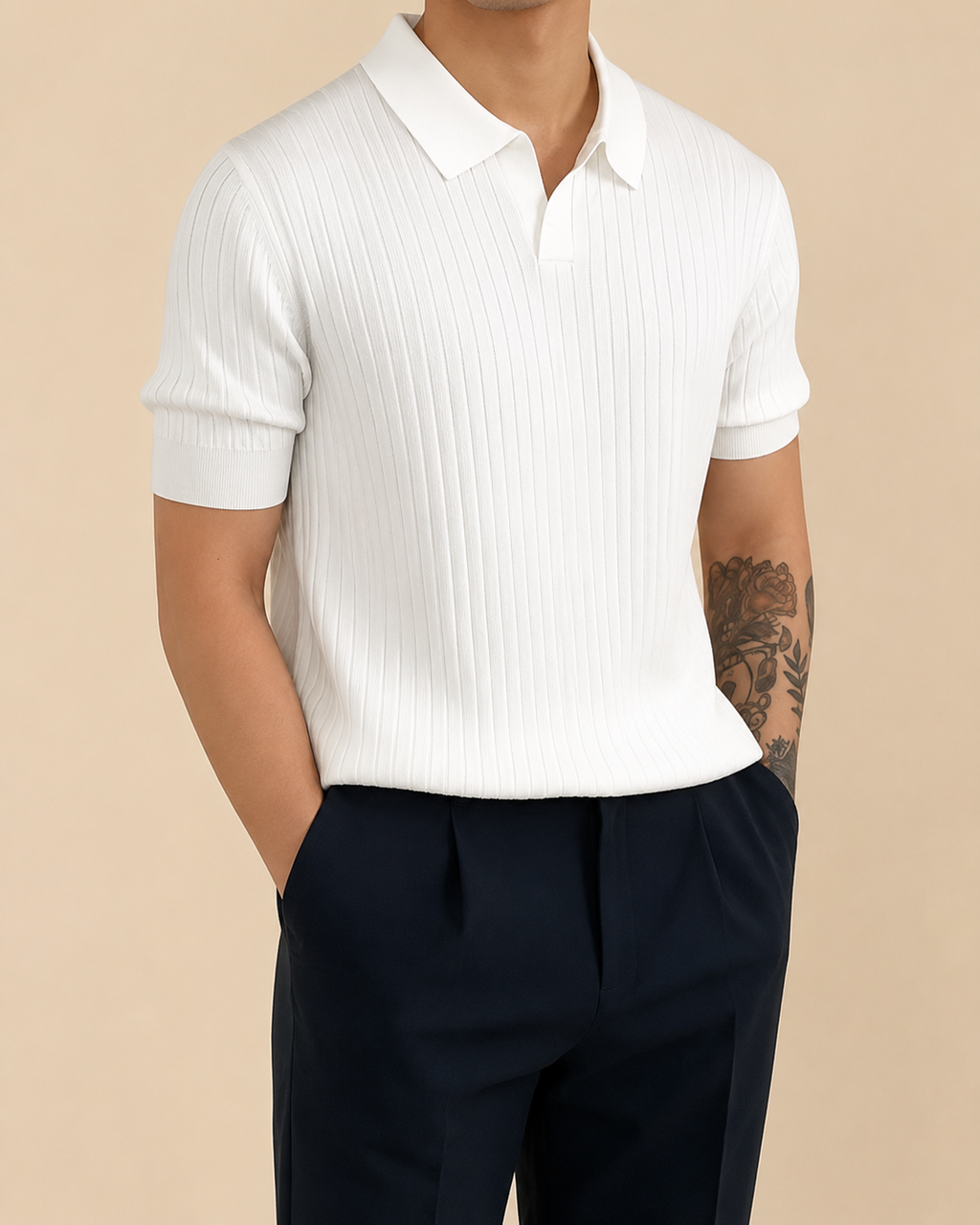 V-Neck Ribbed Knit Polo