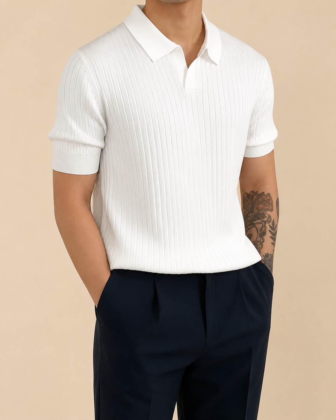 V-Neck Ribbed Knit Polo